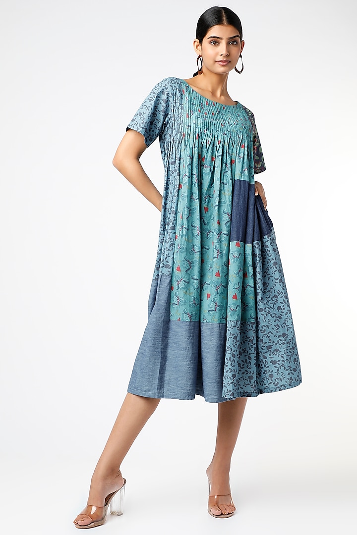 Cobalt Blue Printed Pintucked Tunic by Vishala Shree at Pernia's Pop Up Shop