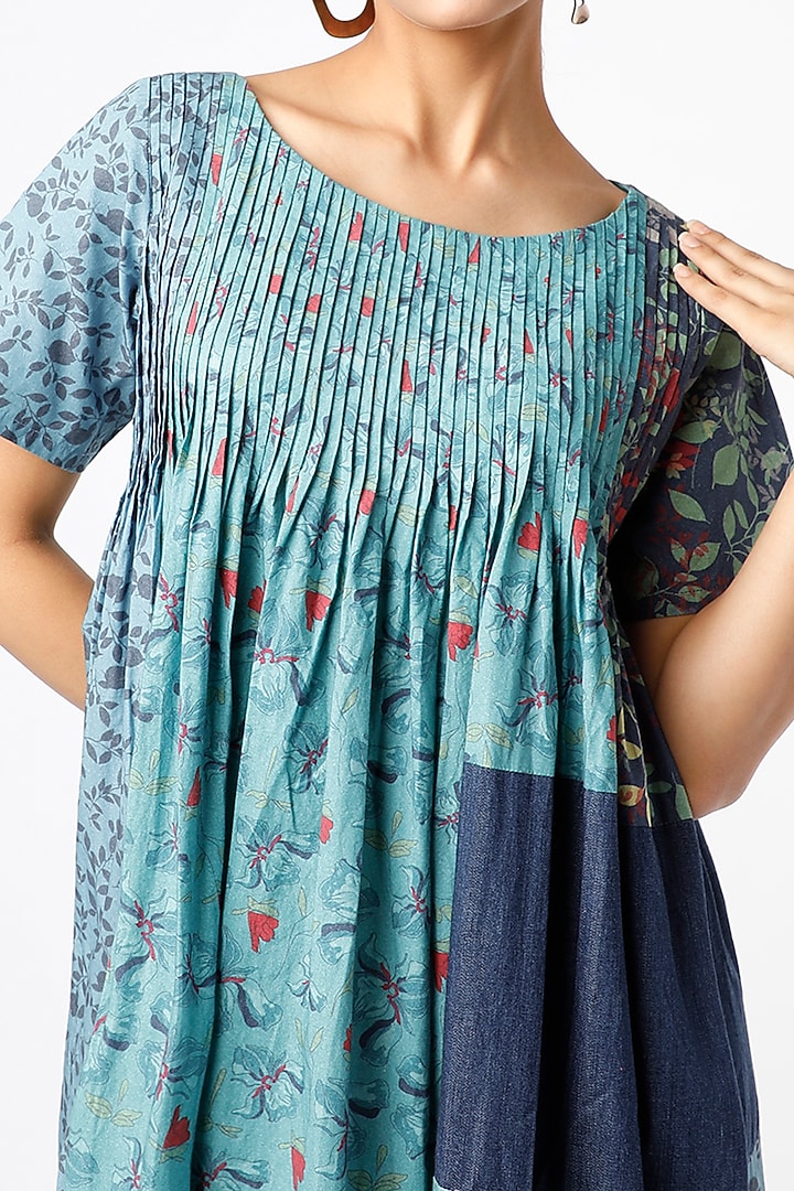 Cobalt Blue Printed Pintucked Tunic by Vishala Shree at Pernia's Pop Up Shop