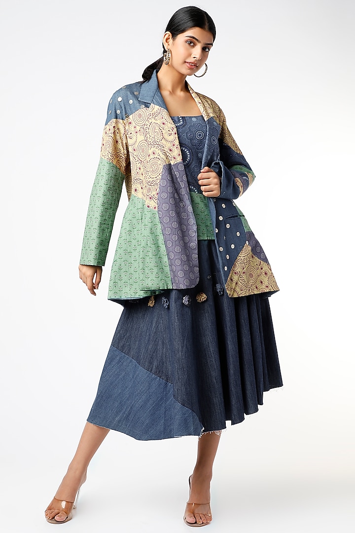 Cobalt Blue Printed Gathered Jacket by Vishala Shree