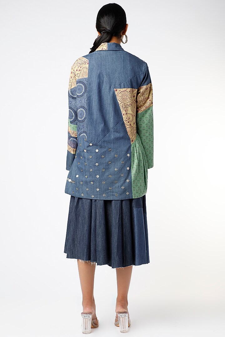 Cobalt Blue Printed Gathered Jacket by Vishala Shree at Pernia's Pop Up Shop