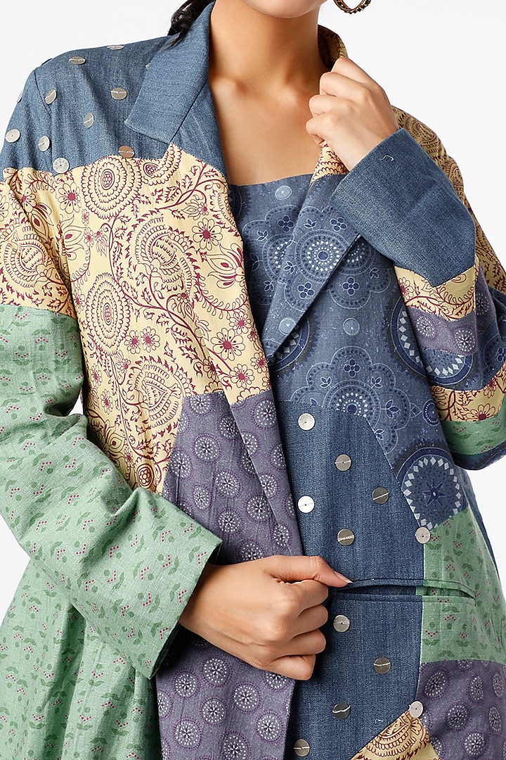 Cobalt Blue Printed Gathered Jacket by Vishala Shree at Pernia's Pop Up Shop
