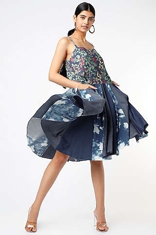 Cobalt Blue Printed Gathered Dress by Vishala Shree