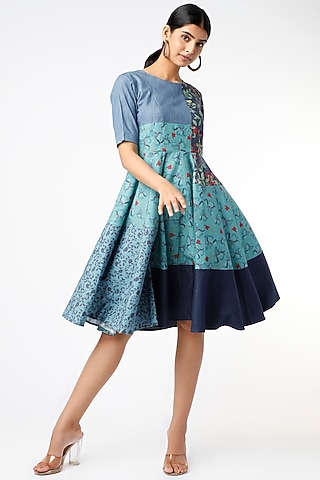 Cobalt Blue Blocked Dress With Patch Work by Vishala Shree
