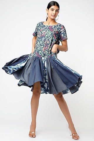 Cobalt Blue Printed & Blocked Dress by Vishala Shree