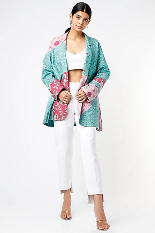 Turquoise Printed Jacket by Vishala Shree