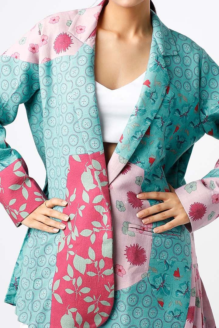 Turquoise Printed Jacket by Vishala Shree at Pernia's Pop Up Shop