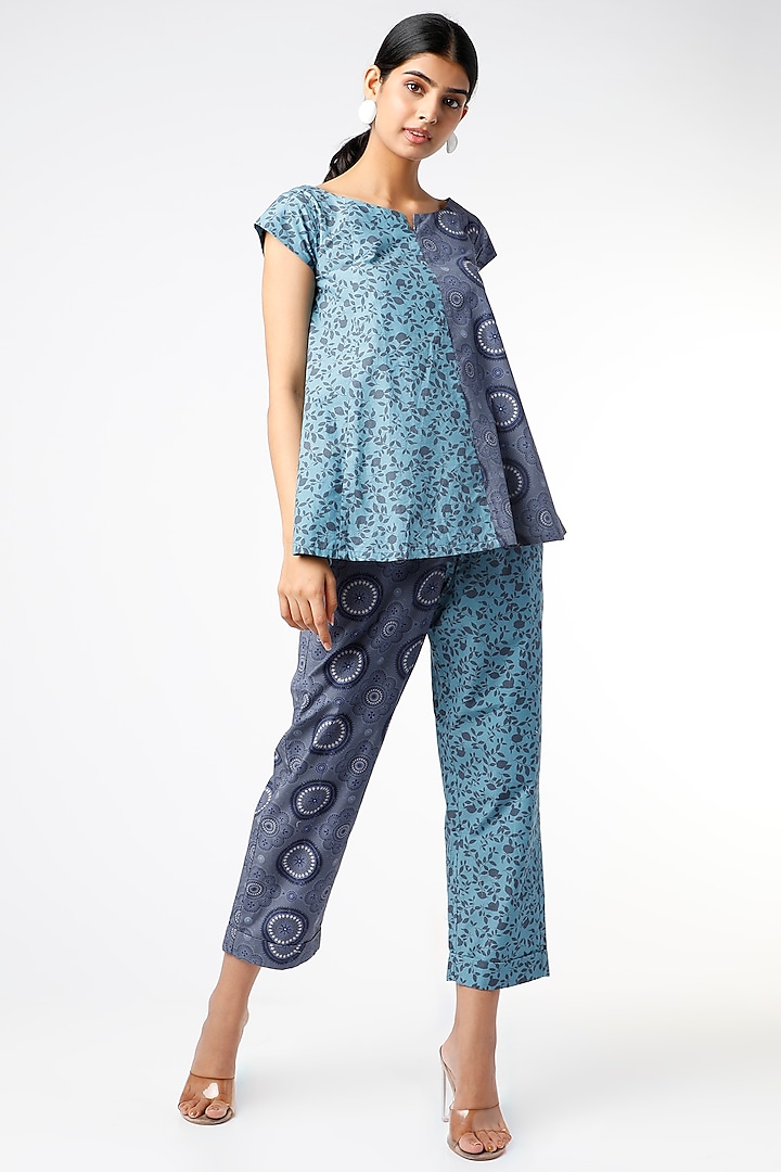 Cobalt Blue Printed Gathered Pants by Vishala Shree at Pernia's Pop Up Shop