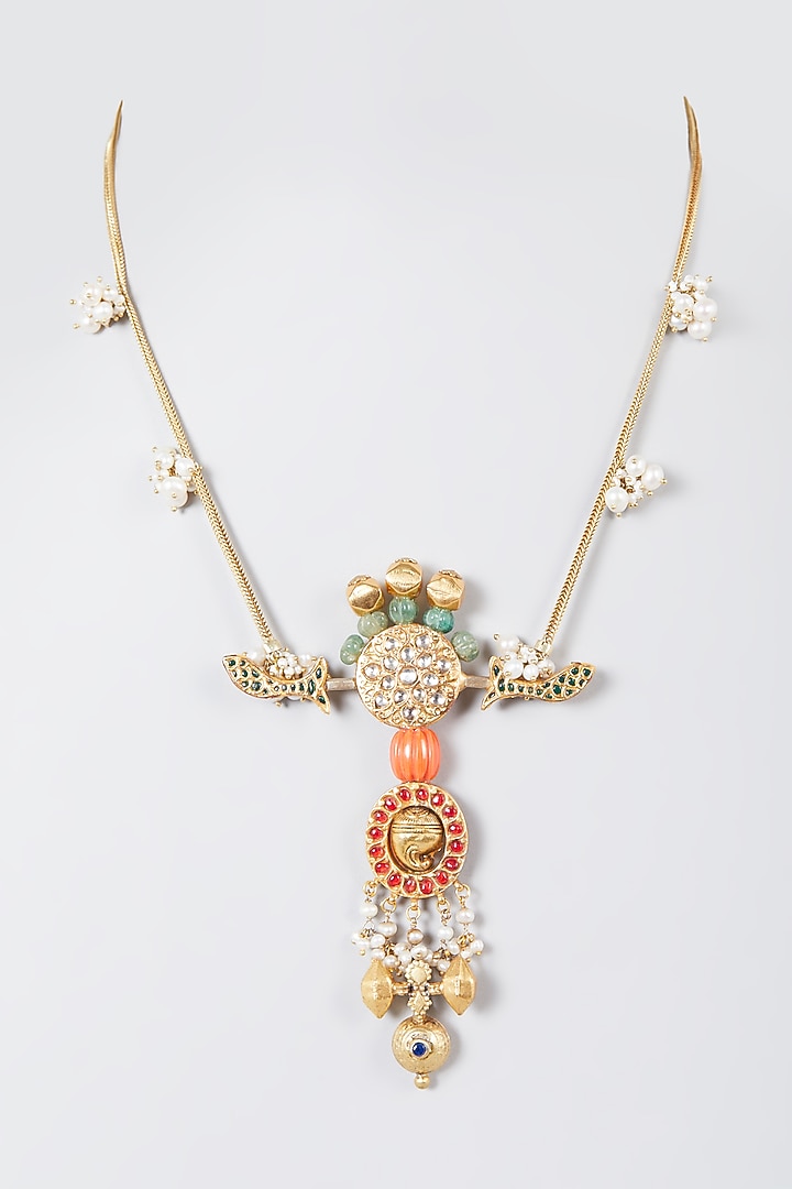 Gold Finish Long Necklace With Multi-Colored Stones In Sterling Silver by Vinanti Manji at Pernia's Pop Up Shop
