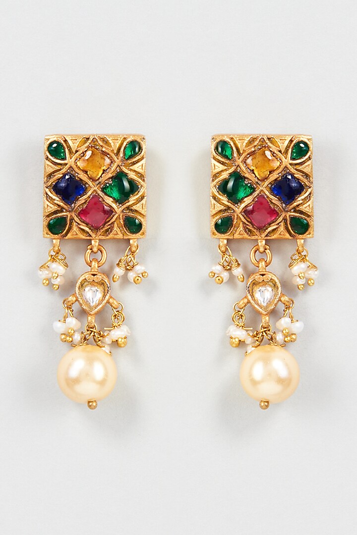 Gold Finish Navratna Stone Dangler Earrings In Sterling Silver by Vinanti Manji at Pernia's Pop Up Shop