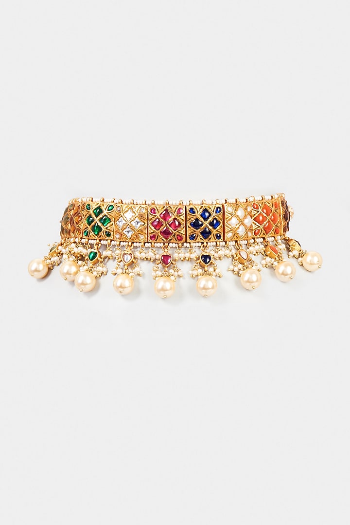 Gold Finish Navratna Stone Choker Necklace In Sterling Silver by Vinanti Manji at Pernia's Pop Up Shop