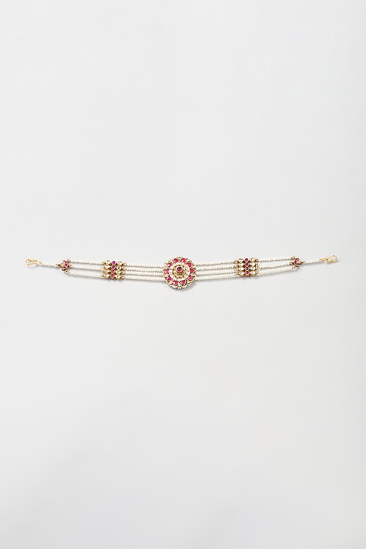 Gold Plated Kundan Polki & Freshwater Pearl Mathapatti In Sterling Silver by Vinanti Manji at Pernia's Pop Up Shop