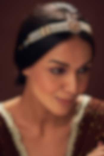 Gold Plated Kundan Polki & Freshwater Pearl Mathapatti In Sterling Silver by Vinanti Manji at Pernia's Pop Up Shop