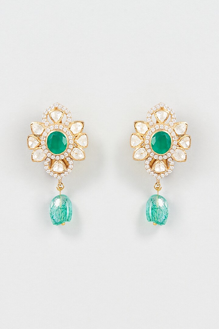 Gold Plated Cz Stone & Green Onyx Dangler Earrings In Sterling Silver by Vinanti Manji at Pernia's Pop Up Shop