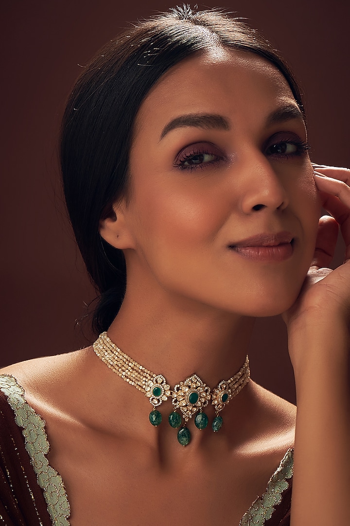 Gold Plated Cz Stone & Green Onyx Necklace In Sterling Silver by Vinanti Manji at Pernia's Pop Up Shop