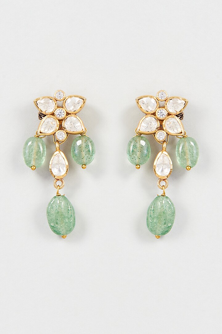 Gold Finish Mozonite & Fluorite Stone Dangle Earrings In Sterling Silver by Vinanti Manji at Pernia's Pop Up Shop
