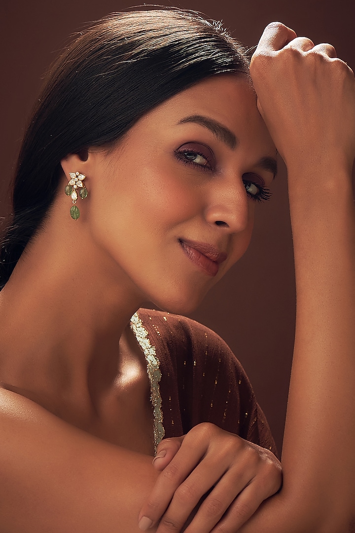 Gold Finish Mozonite & Fluorite Stone Dangle Earrings In Sterling Silver by Vinanti Manji at Pernia's Pop Up Shop