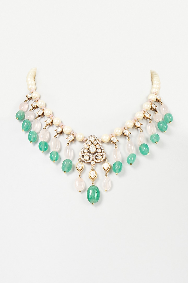 Gold Finish Mozonite & Rose Quartz Necklace In Sterling Silver by Vinanti Manji at Pernia's Pop Up Shop