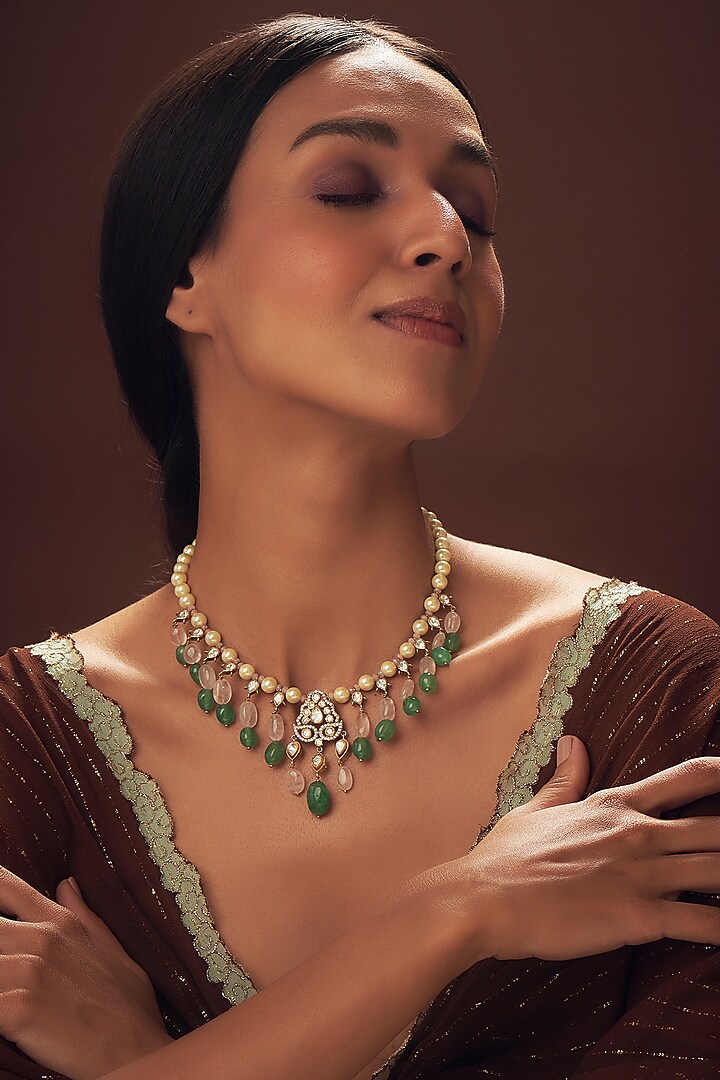 Gold Finish Mozonite & Rose Quartz Necklace In Sterling Silver by Vinanti Manji at Pernia's Pop Up Shop