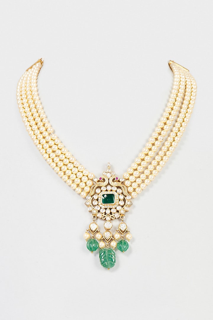 Gold Plated Mozonite & Shell Pearl Long Necklace In Sterling Silver by Vinanti Manji at Pernia's Pop Up Shop