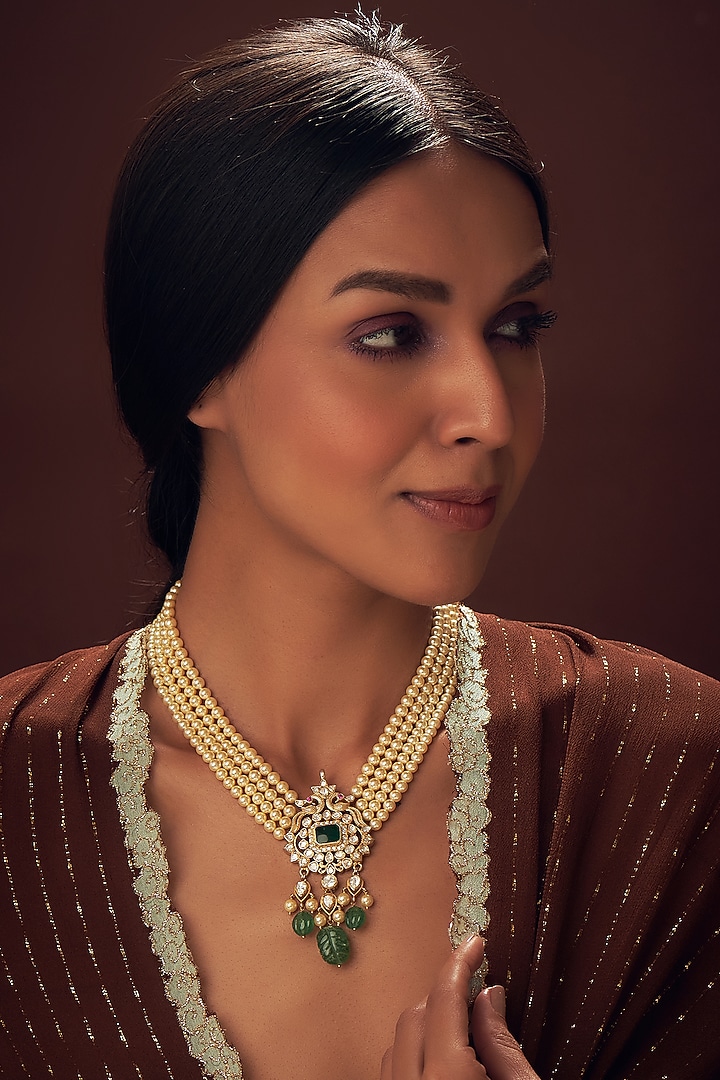 Gold Plated Mozonite & Shell Pearl Long Necklace In Sterling Silver by Vinanti Manji at Pernia's Pop Up Shop