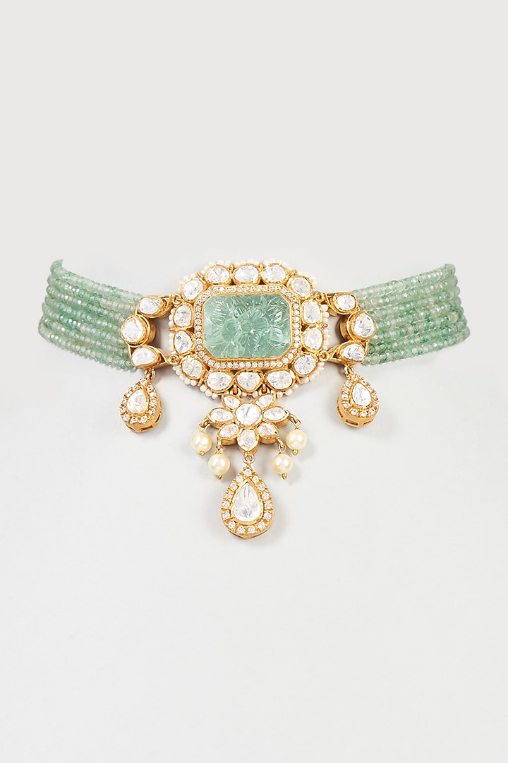Gold Finish Mozonite & CZ Diamonds Choker Necklace In Sterling Silver by Vinanti Manji at Pernia's Pop Up Shop