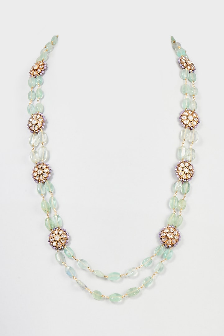 Gold Plated Mozonite Polki & Fluorite Beaded Mala In Sterling Silver by Vinanti Manji at Pernia's Pop Up Shop