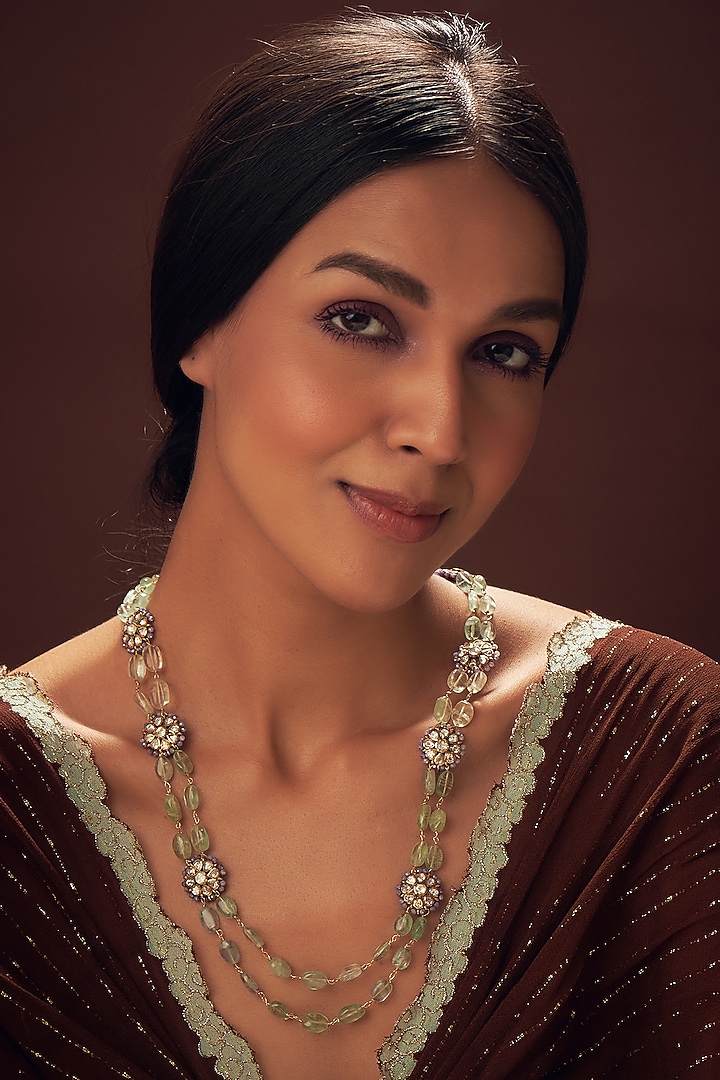 Gold Plated Mozonite Polki & Fluorite Beaded Mala In Sterling Silver by Vinanti Manji at Pernia's Pop Up Shop