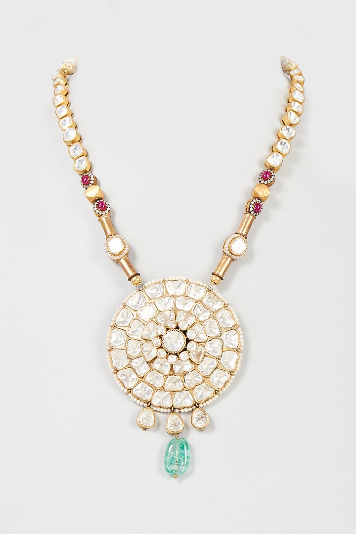 Gold Plated Mozonite Polki & Red Spinel Long Necklace In Sterling Silver by Vinanti Manji at Pernia's Pop Up Shop