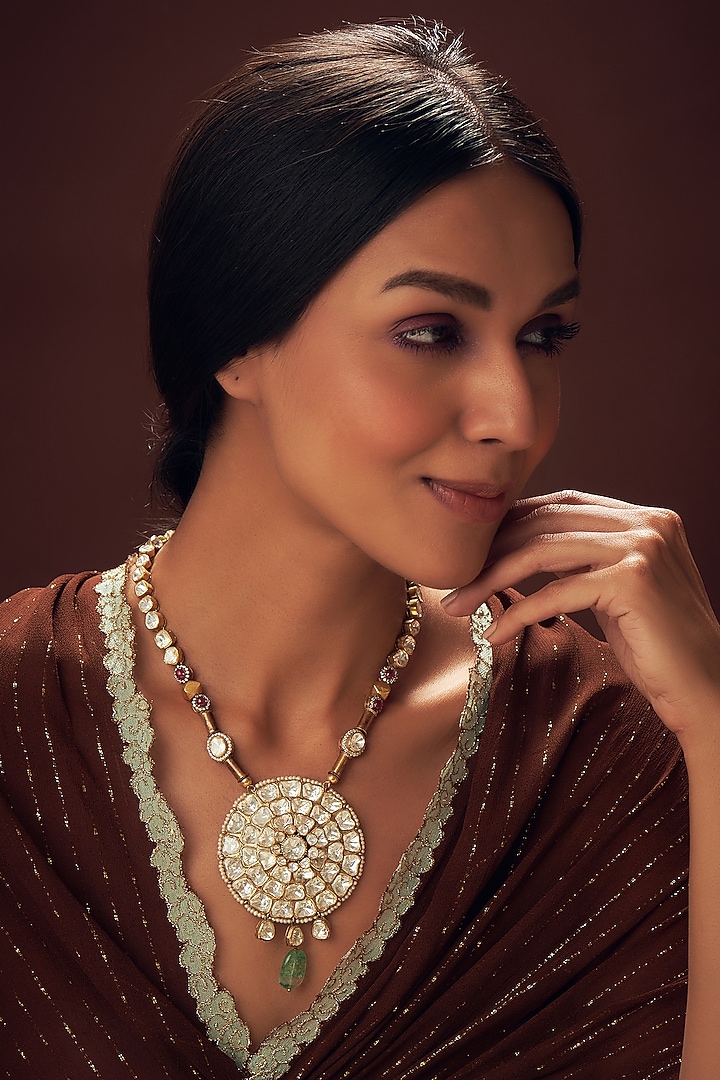 Gold Plated Mozonite Polki & Red Spinel Long Necklace In Sterling Silver by Vinanti Manji at Pernia's Pop Up Shop