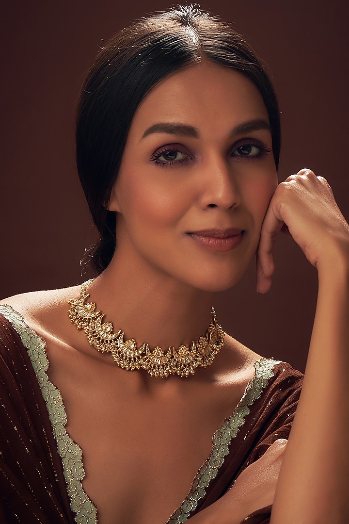 Gold Finish Kundan Polki Choker Necklace In Sterling Silver by Vinanti Manji at Pernia's Pop Up Shop