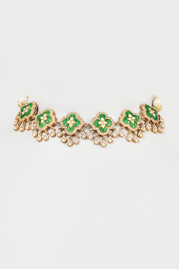Gold Plated Mozonite Polki & Green Spinel Choker Necklace In Sterling Silver by Vinanti Manji at Pernia's Pop Up Shop