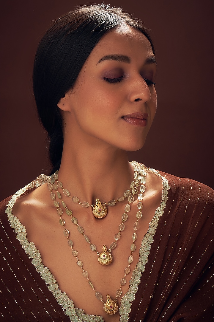 Gold Plated Red Kemp Stone & Flourite Beaded Layered Necklace In Sterling Silver by Vinanti Manji at Pernia's Pop Up Shop