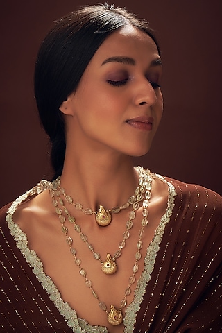 Gold Plated Red Kemp Stone & Flourite Beaded Layered Necklace In Sterling Silver by Vinanti Manji
