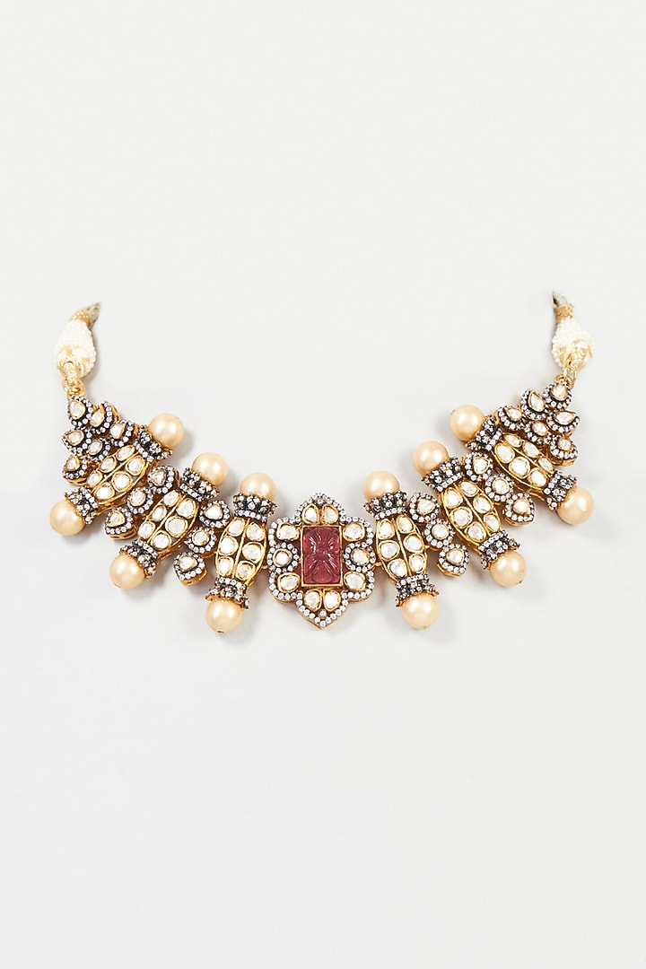 Black Rhodium Finish Mozonite Polki & Shell Pearl Choker Necklace In Sterling Silver by Vinanti Manji at Pernia's Pop Up Shop