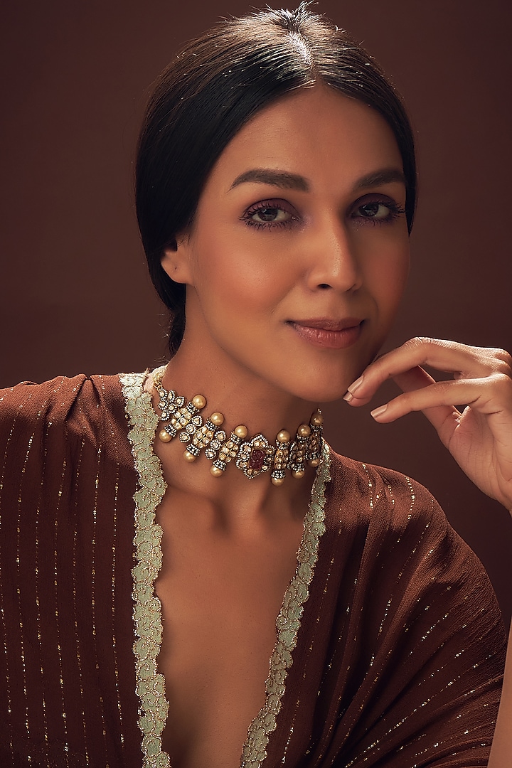 Black Rhodium Finish Mozonite Polki & Shell Pearl Choker Necklace In Sterling Silver by Vinanti Manji at Pernia's Pop Up Shop