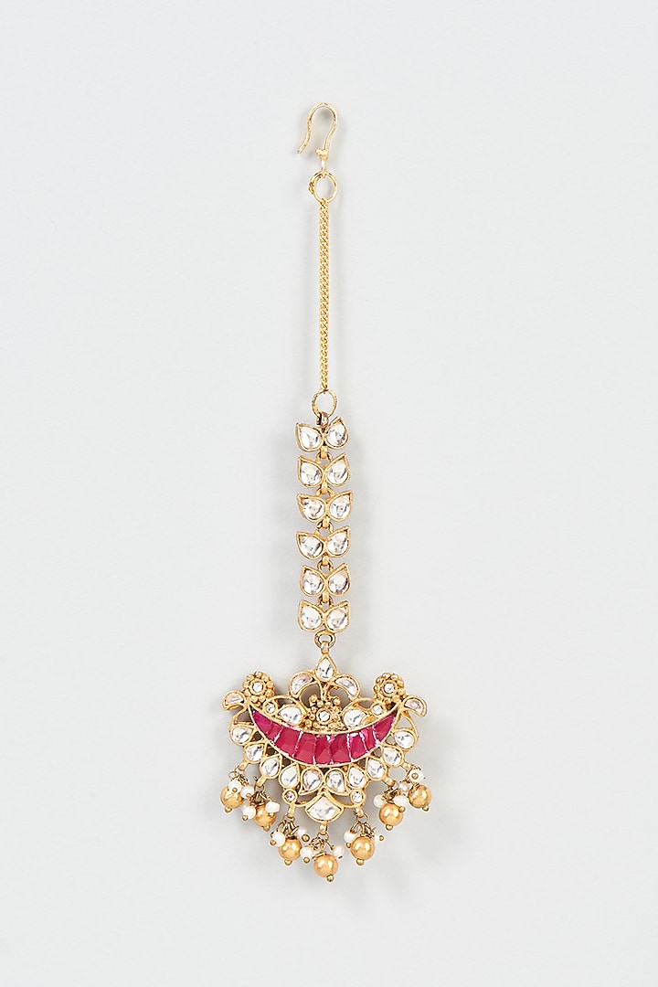 Gold Finish Kundan Polki & Pearl Maang Tikka In Sterling Silver by Vinanti Manji at Pernia's Pop Up Shop