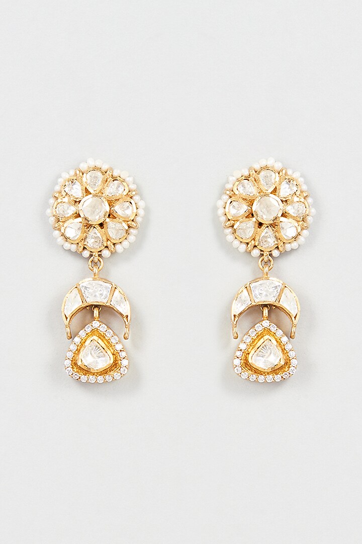 Gold Plated Mozonite Polki & Cz Stone Dangler Earrings In Sterling Silver by Vinanti Manji at Pernia's Pop Up Shop