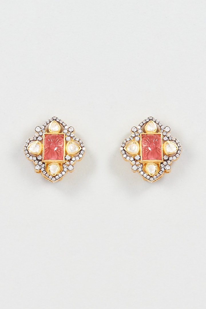 Gold Plated Mozonite Polki & Carved Tourmaline Stud Earrings In Sterling Silver by Vinanti Manji at Pernia's Pop Up Shop