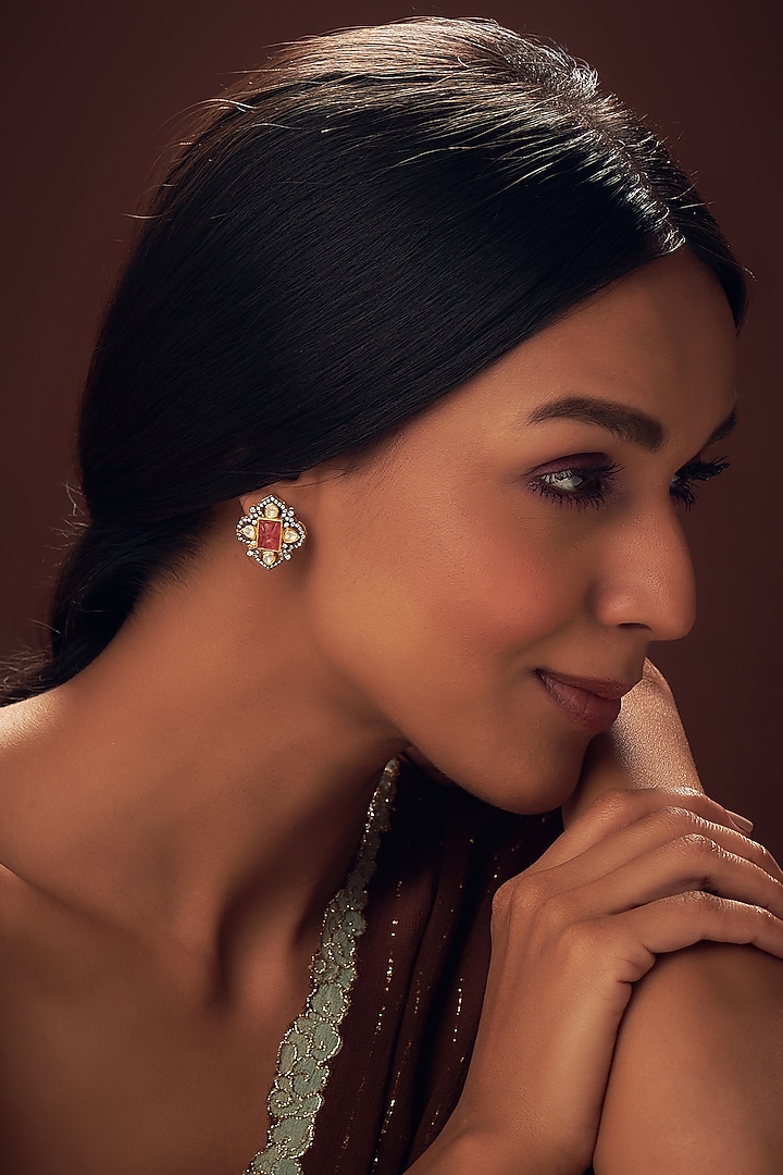 Gold Plated Mozonite Polki & Carved Tourmaline Stud Earrings In Sterling Silver by Vinanti Manji at Pernia's Pop Up Shop