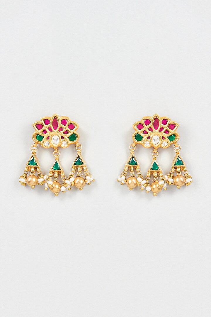Gold Plated Green Stone & Pearl Gugri Dangler Earrings In Sterling Silver by Vinanti Manji at Pernia's Pop Up Shop