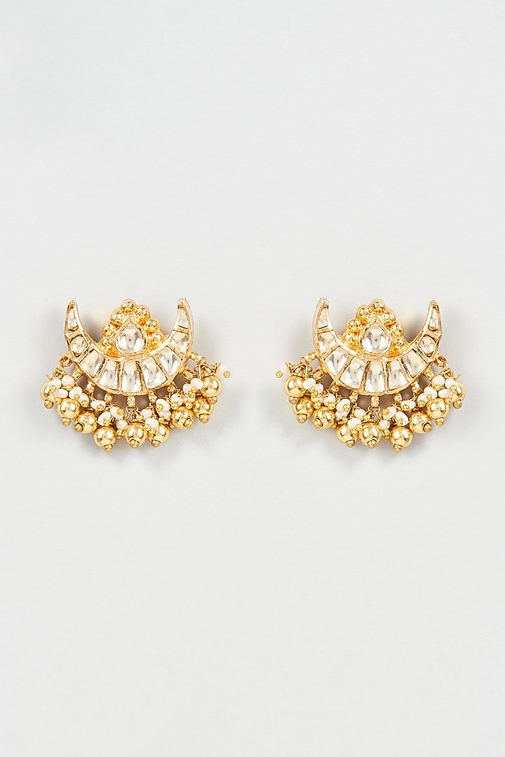 Gold Finish Kundan Polki & Bead Hanging Stud Earrings In Sterling Silver by Vinanti Manji at Pernia's Pop Up Shop