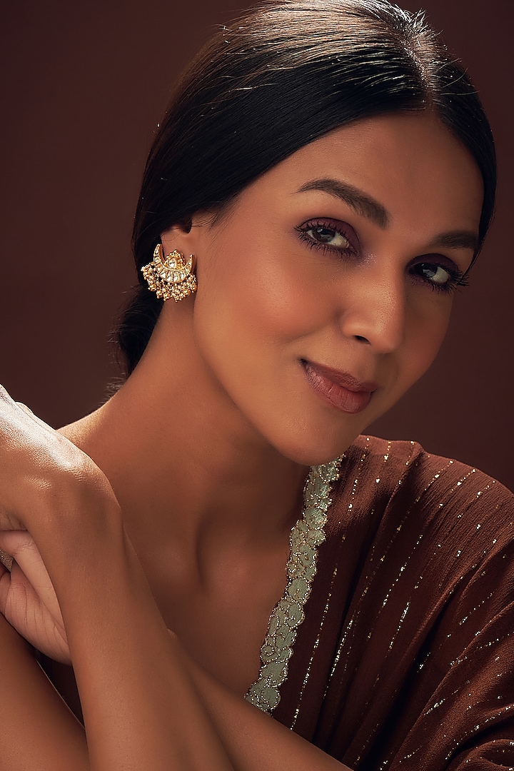 Gold Finish Kundan Polki & Bead Hanging Stud Earrings In Sterling Silver by Vinanti Manji at Pernia's Pop Up Shop