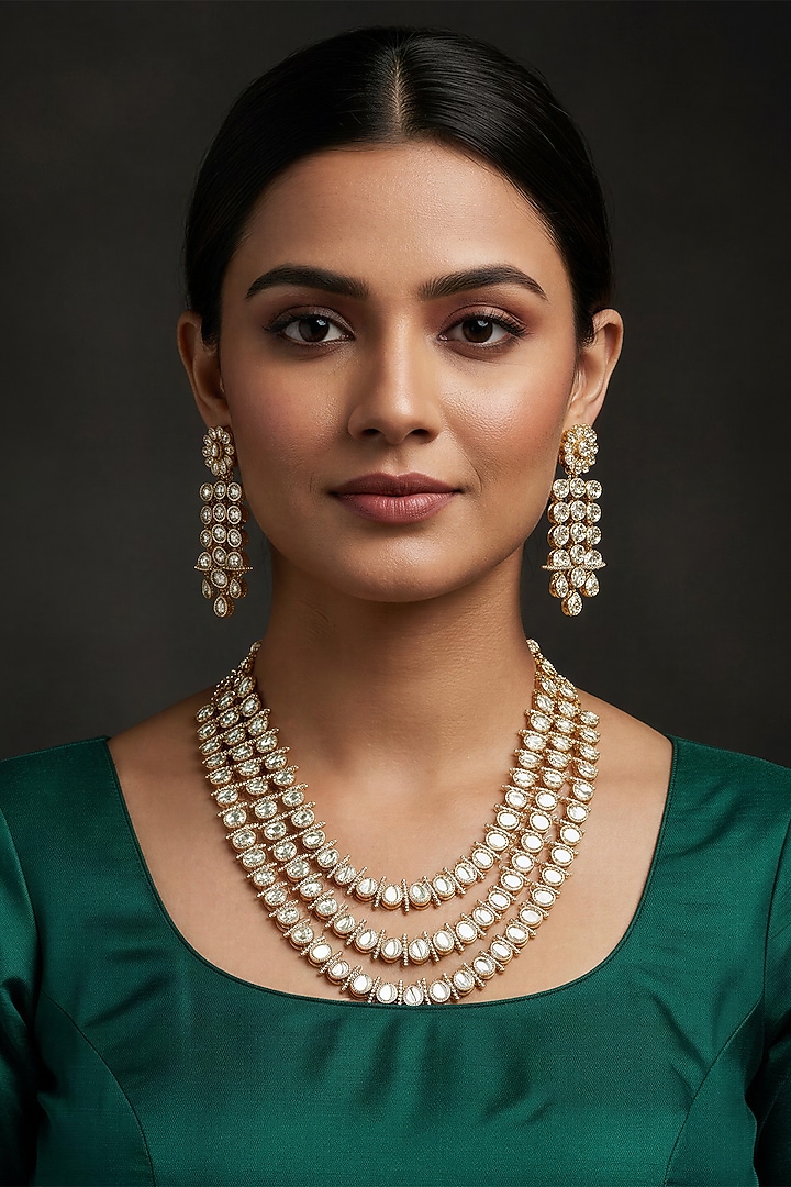 Gold Finish Kundan Polki Long Necklace Set by Vinanti Manji at Pernia's Pop Up Shop