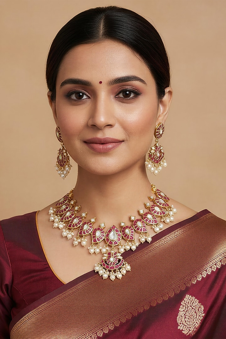 Gold Finish Kundan Polki & Red Stone Necklace Set by Vinanti Manji at Pernia's Pop Up Shop