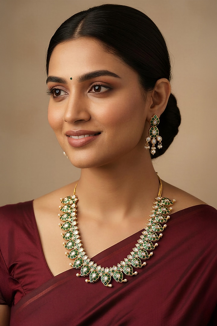 Gold Finish Kundan Polki & Green Stone Necklace Set by Vinanti Manji at Pernia's Pop Up Shop