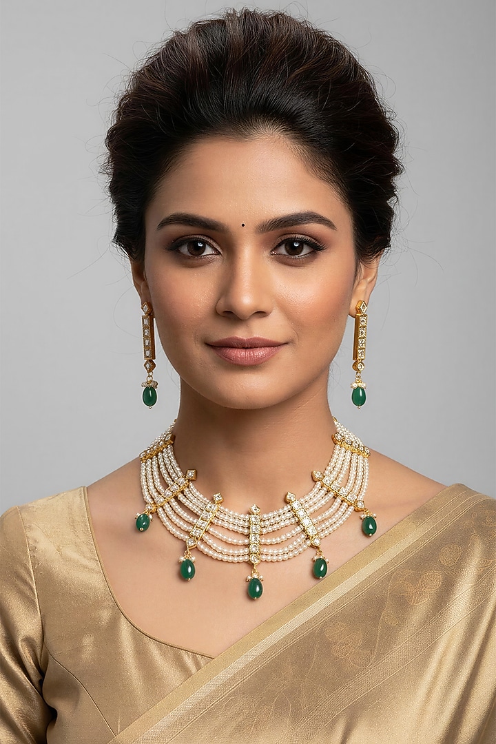 Gold Finish Kundan Polki & Pearl Necklace Set by Vinanti Manji at Pernia's Pop Up Shop