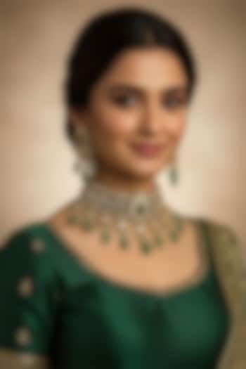 Gold Finish Kundan Polki & Green Stone Choker Necklace Set by Vinanti Manji at Pernia's Pop Up Shop