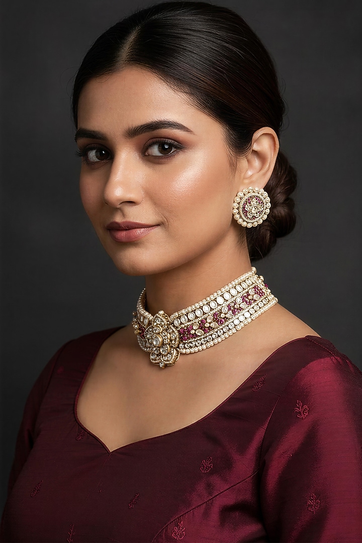 Gold Finish Kundan Polki & Red Stone Choker Necklace Set by Vinanti Manji at Pernia's Pop Up Shop