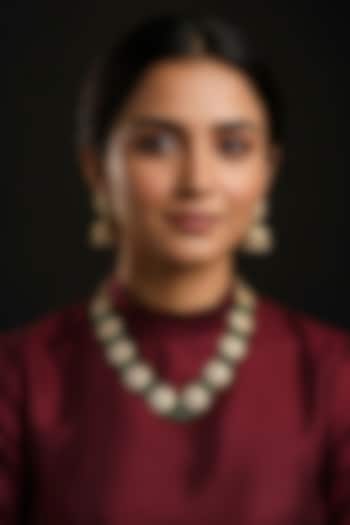 Gold Finish Kundan Polki & Green Stone Long Necklace Set by Vinanti Manji at Pernia's Pop Up Shop