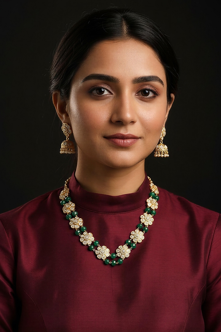 Gold Finish Kundan Polki & Green Stone Long Necklace Set by Vinanti Manji at Pernia's Pop Up Shop